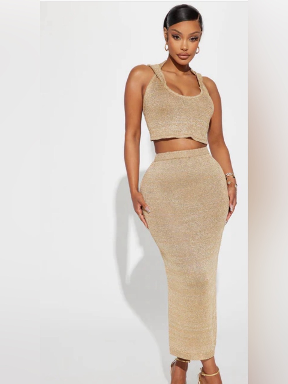 Fashion Nova Gold Knit Two-Piece Maxi Skirt Set - Picture 2 of 3